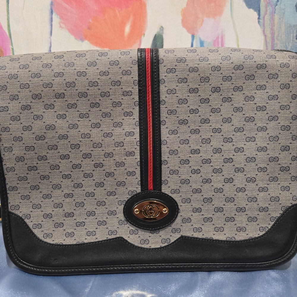 Gucci Men’s GG Monogram Messenger Bag in Gray with Red Accent